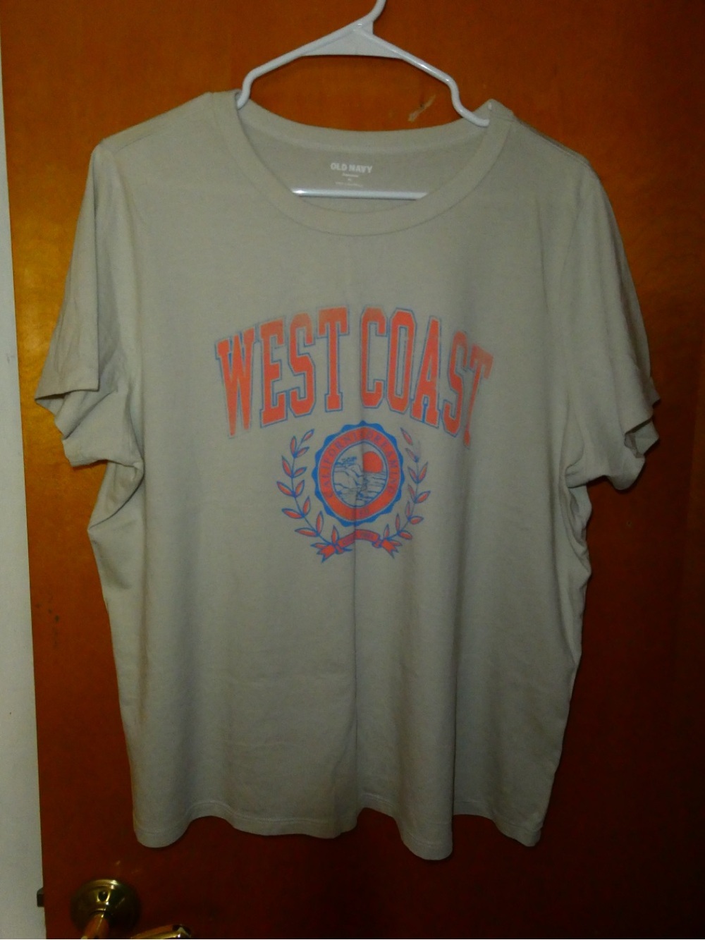 Old Navy Men’s Light Beige Graphic Tee with Orange and Blue Print